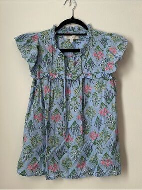 LOFT Light Blue Floral Ruffle Sleeve Top